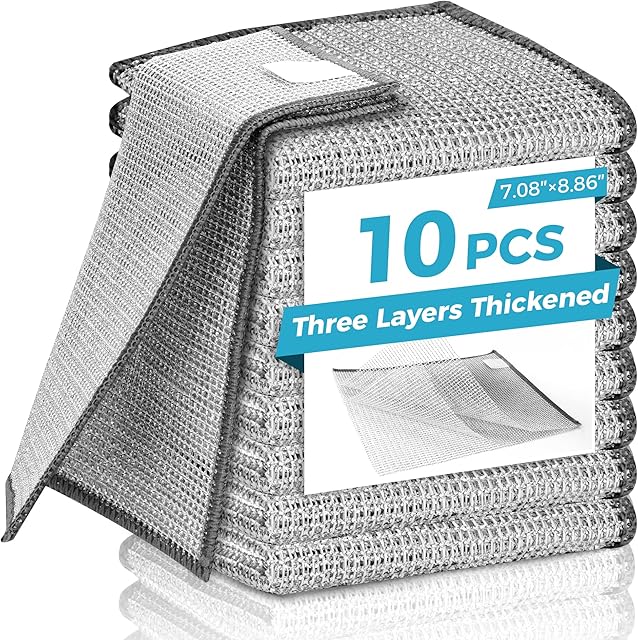 Forggon10 Pcs New Upgrade 3-Layer Metal Dish Cloth, No Scratches and No Odor, Multipurpose Wire Dishwashing Rag for Wet and Dry, Kitchen Cleaning DishRags,Sinks,Dishes,Stove Top, Dimensions(708X886)