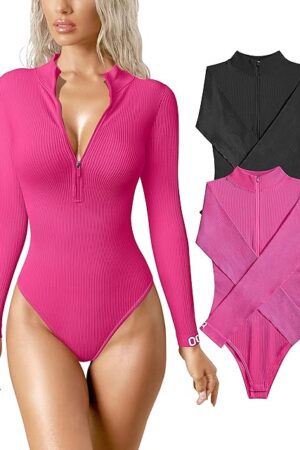 Women's 2 Piece Bodysuits Sexy Ribbed One Piece Zip Front Long Sleeve Tops Bodysuits