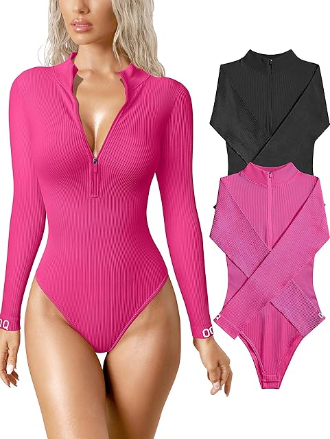 Women's 2 Piece Bodysuits Sexy Ribbed One Piece Zip Front Long Sleeve Tops Bodysuits