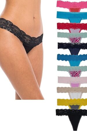 Womens Cotton Thong Underwear Pack - Sexy Lace Breathable Soft Stretch T-Back Hollow Out Bikini Panties
