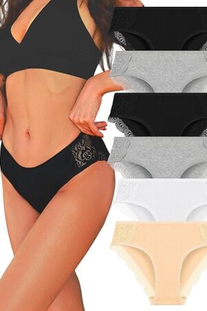 Womens Cotton Underwear Sexy Lace Bikini Panties Low Rise Soft Stretch ladies Cotton Cheeky Hipster 6 Pack(6D,L)