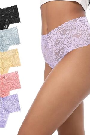 High Waisted Thongs Lace Full Coverage Soft Tangas Tropical Plants Lace Thongs Comfortable Sexy Underwear