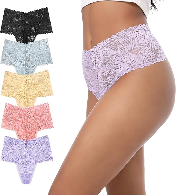 High Waisted Thongs Lace Full Coverage Soft Tangas Tropical Plants Lace Thongs Comfortable Sexy Underwear