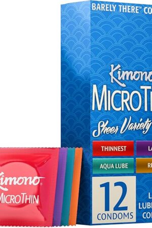 Kimono MicroThin Sheer Variety Pack of 12 - Multiple Styles of Ultrathin Condom Shapes, Unique Designs in One Pack, Natural Latex Condoms, Vegan-Friendly, No Latex Odor - Enhanced Sensitivity