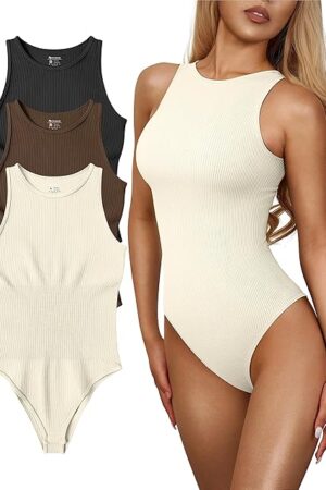 Women's 3 Piece Bodysuits Sexy Ribbed One Piece Sleeveless Halter Neck Tops Leotard Summer Trendy