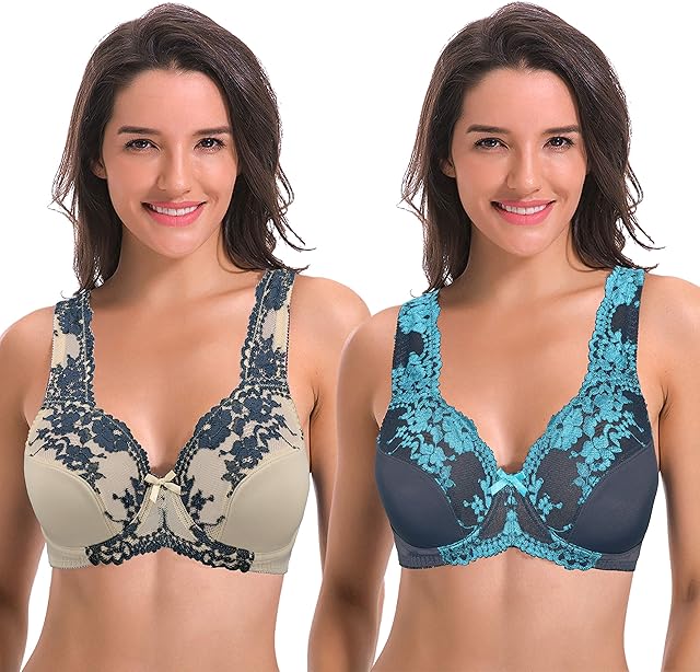 Women's Minimizer Unlined Underwire Bra with Lace Embroidery-2 Pack