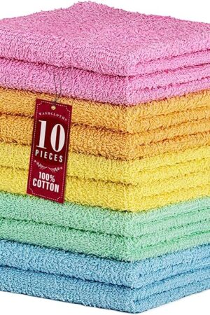 DecorRack 10 Pack 100% Cotton Wash Cloth, Luxurious Soft, 12 x 12 inch Ultra Absorbent, Machine Washable Washcloths, Assorted Colors (10 Pack)