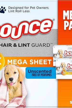 Bounce Pet Hair and Lint Guard Mega Dryer Sheets with 3X Pet Hair Fighters, Unscented, 130 Count