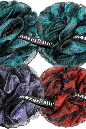 AmazerBath Charcoal Loofah Sponge, Shower Loofah 60g/PCS - Body Scrubber Loofa Set of 4 - Charcoal Blue, Green, Purple & Red, Bath Sponge for Men and Women