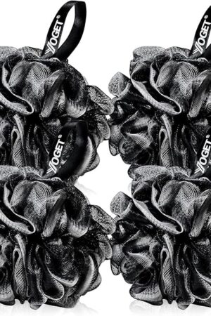 Yoget Bath Loofah Sponge, 4 Pack Black 60G Shower Mesh Ball Soft Pouf Body Scrubber, Exfoliate, Cleanse, Soothe Skin, Black Loofah with White Trim