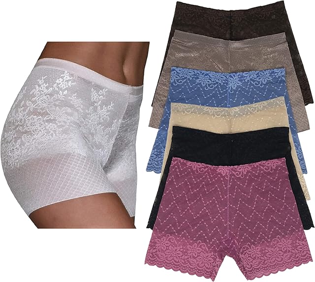 Lace Biker Shorts | Fancy Flattering Nylon Stretch Slip Short Pantyhose - 6 Pack