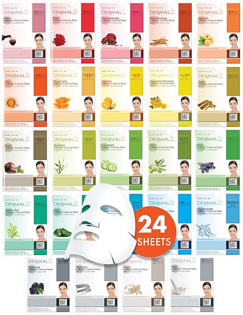 DERMAL Korean Collagen Face Mask ? Hydrating & Soothing Sheet Mask with Panthenol ? Hypoallergenic Calming Moisture Care for All Skin Types ? 24 Combo Pack