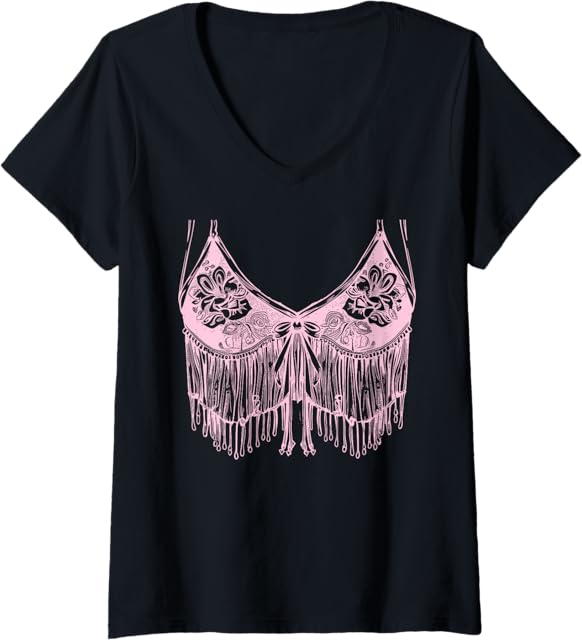 Womens Lingerie Bra graphic Print Cowgirl Fringe Trend Sexy Country V-Neck T-Shirt