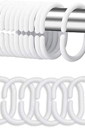 White Plastic Shower Curtain Rings Hooks for Bathroom Shower Window Rod (White 24 Pack)