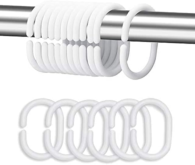 White Plastic Shower Curtain Rings Hooks for Bathroom Shower Window Rod (White 24 Pack)