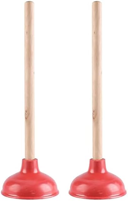 Toilet Plunger Red Heavy Duty Force Cup Rubber with A Long Wooden Handle to Fix Clogged Toilets and Drains, Perfect for Kitchens and Bathrooms (2 pcs)