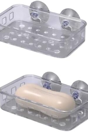 2 Pcs Suction Cup Soap Dish Holder, Multi-Purpose Wall Suction Plastic Soap Box Strong Bearing Capacity NO-Drilling for Bathroom, Kitchen Sink, Bar Soap, Sponge