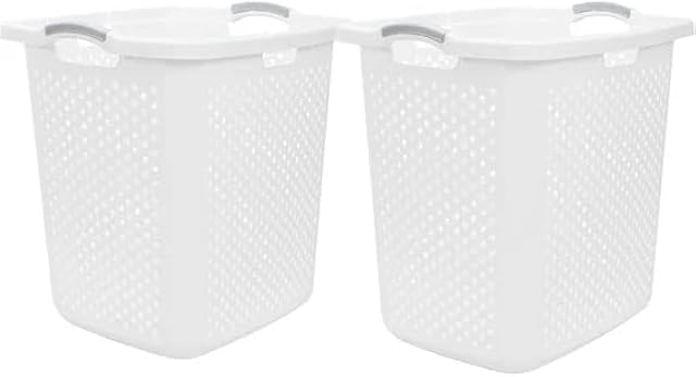 2 Pack Lamper Plastic Laundry Basket 2.5 Bushel, Plastic Laundry Basket with Handles, White