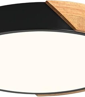 Vikaey Modern LED Ceiling Light, Minimalist Wood Flush Mount Ceiling Light Fixture, 4000K Not Dimmable, Circle Lighting Lamp with Acrylic Lampshade for Bedroom Laundry Room Hallway (Black,11.8")