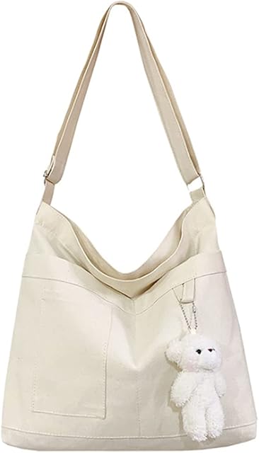 Economical Cotton Canvas Tote Bag,Women Hobo Shoulder Bag Crossbody Handbag with 3 External Pocket,Zipper Closure