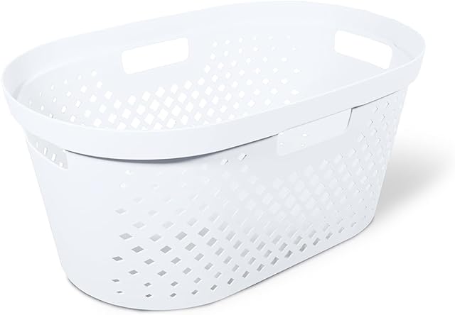 Clorox Laundry Basket Plastic - Portable Clothes Hamper with Handles – Sturdy Storage Bin for Bedroom and Baby Nursery, 1 Bushel, White