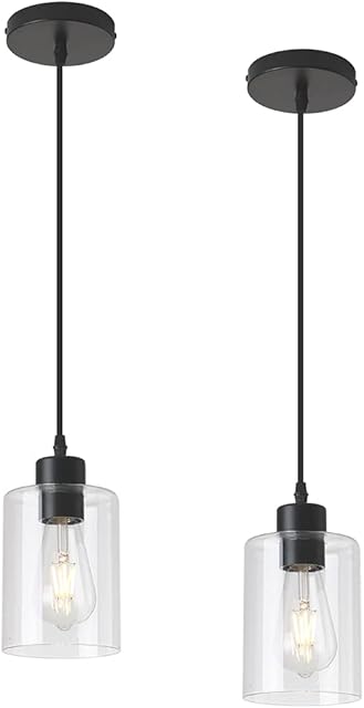 Modern Black Farmhouse Clear Glass Cylinder Pendant Light Fixture,Island Lights for Kitchen,Mini Pendant Lighting for Kitchen Island Decor - 4.75 Inch Shade 58 Inch Cord (Black 2 Pack)