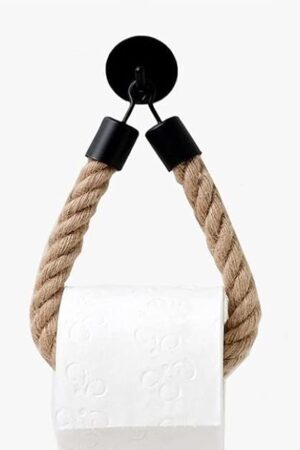 WONQEXZ Nautical Rope Toilet Paper Holder - Self Adhesive, No Drill Required, Black, Stainless Steel and Cotton Rope