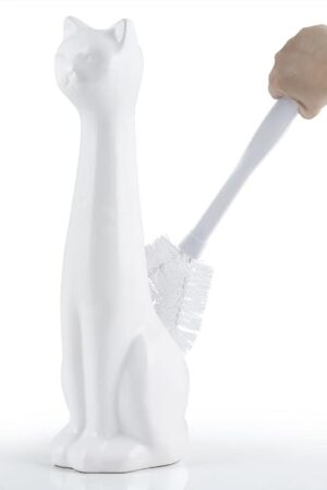 Allure Home Creation White Cat 2-Piece Toilet Brush Holder and Brush Set