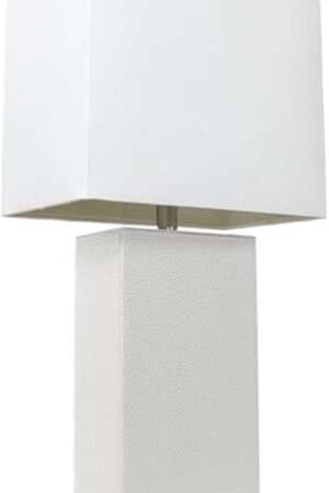 Elegant Designs LT1025-WHT Modern Leather Table Lamp with White Fabric Shade, White