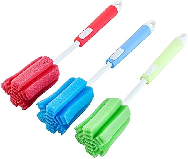 3 Pcs Bottles Dishwashing Foam Sponge Brush with Adjustable Long Handle for Coffee Glasses Pot Milk Cup Mugs Wine Bottle Baby Bottles Kitchen Clean(Color Random)