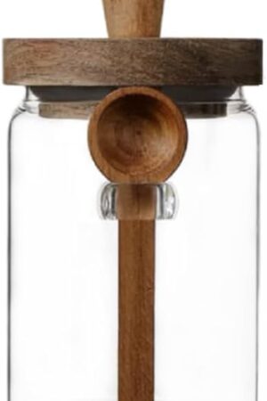 ANSQU Glass Jar with Wooden Lid and Spoon, 20.3oz Food Storage Containers Coffee Jar Coffee Grounds Container, Glass Food Storage Canister (1 Pack)