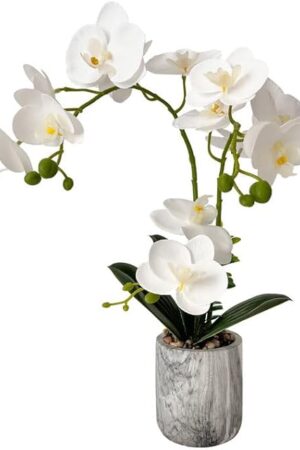 White Fake Orchids Flowers in Pot Bendable Faux Orchids Artificial Flowers Washable Silk Orchid Phalaenopsis Decor for Home Wedding Table Centerpiece Bathroom Office