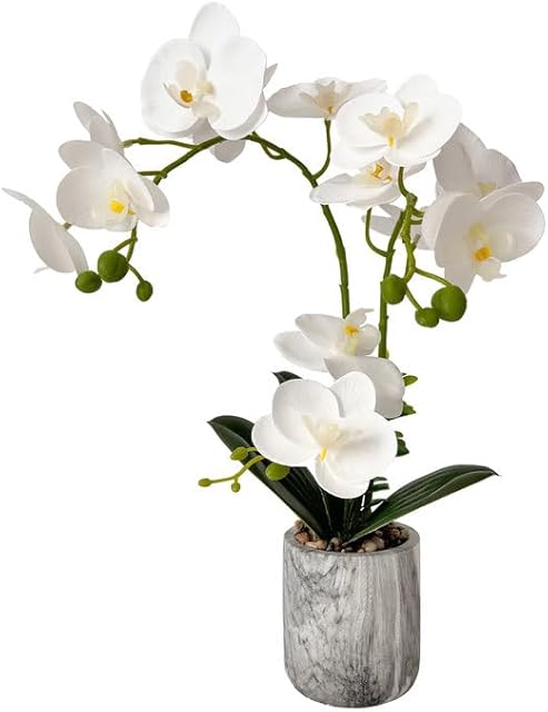 White Fake Orchids Flowers in Pot Bendable Faux Orchids Artificial Flowers Washable Silk Orchid Phalaenopsis Decor for Home Wedding Table Centerpiece Bathroom Office