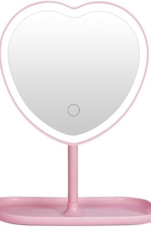 Vanity Mirror, Heart-Shaped Makeup Mirror with Three-Level Dimming and LED Lights for Girls and Students (Pink)