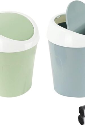 2 Pcs Plastic Mini Wastebasket Trash Can with 120 Trash Bags, Tiny Desktop Waste Garbage Bin with Swing Lid for Home, Office, Kitchen, Vanity Tabletop, Bedroom, Bathroom (Blue + Green)