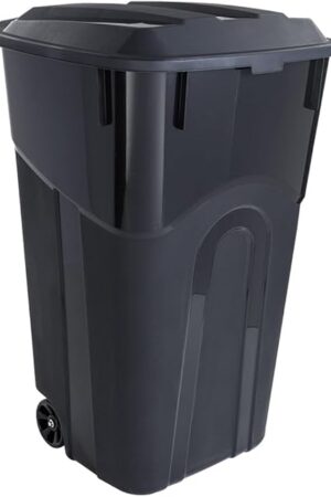 32 Gallon Wheeled Heavy Duty Plastic Garbage Can with Attached Lid – Rugged Wheels, Easy Grip Handle for Indoor/Outdoor Use