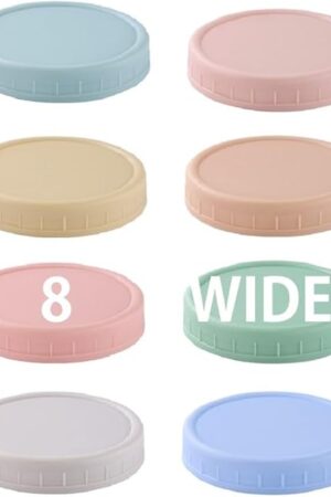8 Pack Wide Mouth Mason Jar Lids for Ball, Kerr Jars and More, Colored Plastic Reusable Canning Tops with Silicone Rings, Food Grade & Leak-proof