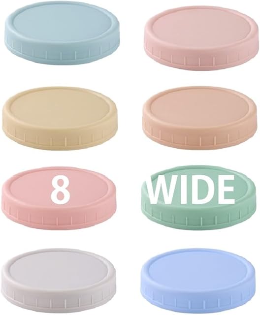 8 Pack Wide Mouth Mason Jar Lids for Ball, Kerr Jars and More, Colored Plastic Reusable Canning Tops with Silicone Rings, Food Grade & Leak-proof