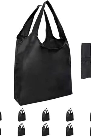 Aricsen 10 Pack Durable Folding Large Kitchen Reusable Shopping Bags with Handles Bulk, Recycle Foldable Grocery Heavy Duty Washable into Pocket Portable Nylon Tote, Polyester Cloth, Black