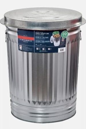 31-Gallon Steel Trash Can - Metal Garbage Bin with Lid - Outdoor/Indoor Use - Quiet Close Swing Top