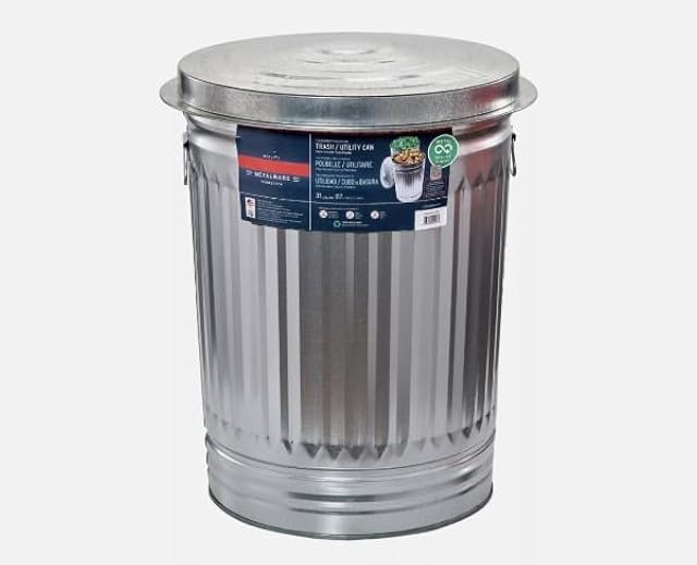 31-Gallon Steel Trash Can - Metal Garbage Bin with Lid - Outdoor/Indoor Use - Quiet Close Swing Top