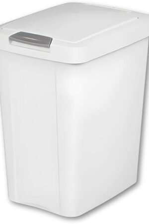 7.5 Gallon White Wastebasket with Touch-Open Lid: Ideal Office Trash Can, Under Sink Trash Can, Or Garbage Can with Lid for Kitchen, Bathroom, Mudroom