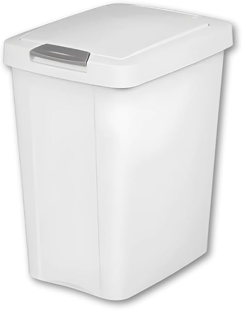 7.5 Gallon White Wastebasket with Touch-Open Lid: Ideal Office Trash Can, Under Sink Trash Can, Or Garbage Can with Lid for Kitchen, Bathroom, Mudroom