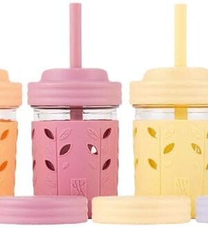 Elk and Friends 4 Pack Kids & Toddler Cups, 8 oz Glass Mason Jars | with Silicone Sleeves | & Silicone Straws | with Stoppers | Spill Proof Sippy Cups | Smoothie Cups | The Original Glass Mason jars