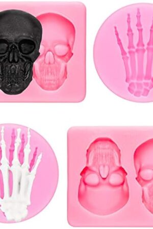 4 Pieces 3D Skeleton Hands Skull Silicone Fondant Molds Halloween Party Chocolate Candy Clay Moulds for DIY Chocolate, Cake, Pudding, Ice Cream, Epoxy Resin Mould, Pink