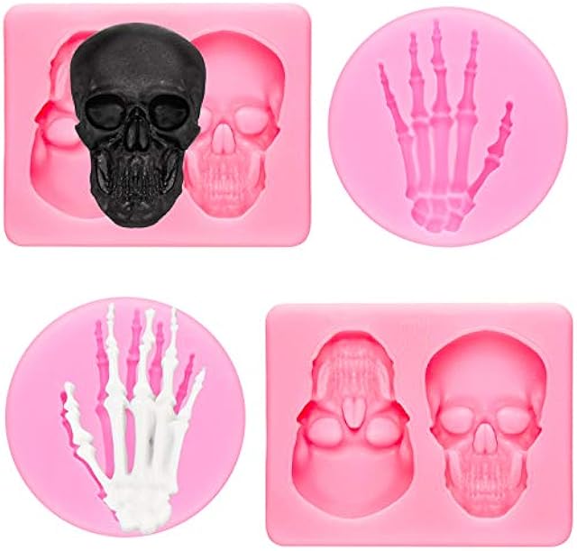 4 Pieces 3D Skeleton Hands Skull Silicone Fondant Molds Halloween Party Chocolate Candy Clay Moulds for DIY Chocolate, Cake, Pudding, Ice Cream, Epoxy Resin Mould, Pink