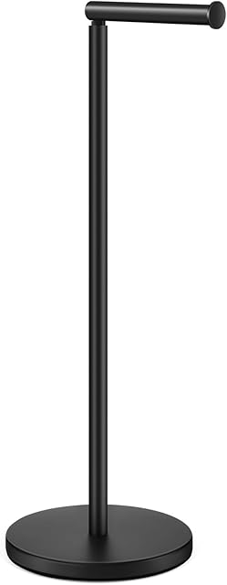 DAWNER 24" Black Toilet Paper Holder Free Standing, Stainless Steel Rustproof Toilet Paper Stand with Storage, Stable Heavy Weighted Flat Base for Apartment, Bathroom, Kitchen, Matte Black Finish