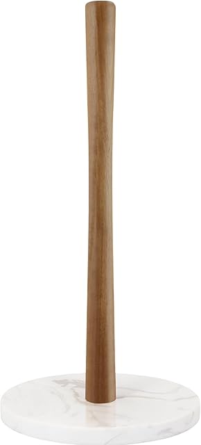 Buruis Wood Paper Towel Holder, Marble Base Modern Decorative Countertop Standing Rolls Holder for Kitchen, Toilet, Pantry and Bathroom (Marble Base White)