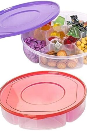2 Pack - Candy and Nut Serving Container, Appetizer Tray with Lid, 6 Compartment Round Plastic Food Storage Lunch Organizer, Divided Christmas Keto Snack Plate, Dish Platter w/Cover, 10-Inch