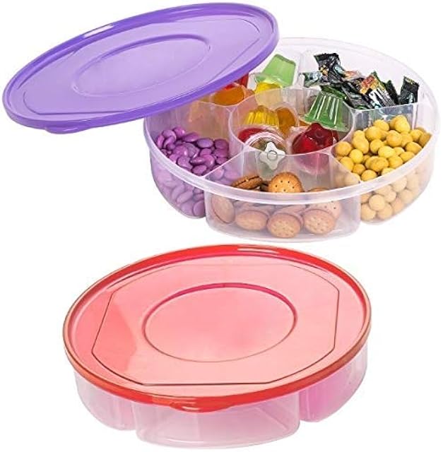 2 Pack - Candy and Nut Serving Container, Appetizer Tray with Lid, 6 Compartment Round Plastic Food Storage Lunch Organizer, Divided Christmas Keto Snack Plate, Dish Platter w/Cover, 10-Inch